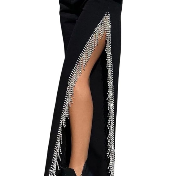 Novaorily Women High Waisted Jeans Straight Wide Leg Pants with Rhinestones - Picture 3 of 3